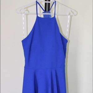 Blue Satin Halter Knee Length Lace Dress